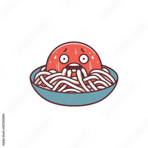 A surprised meatball sitting on a bed of spaghetti in a blue bowl, with a plain white background