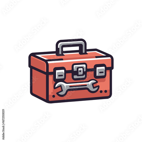 A vibrant red toolbox with a wrench, symbolizing repair and craftsmanship, set against a plain background