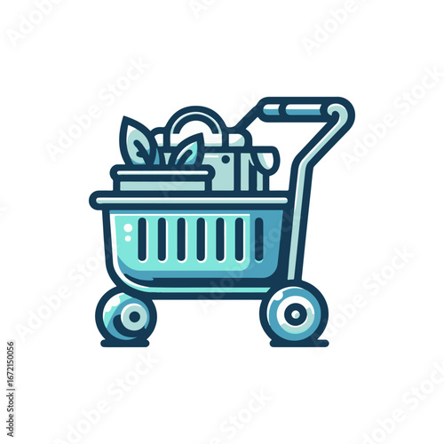 A vibrant shopping cart filled with plants and gardening tools, set against a bright background