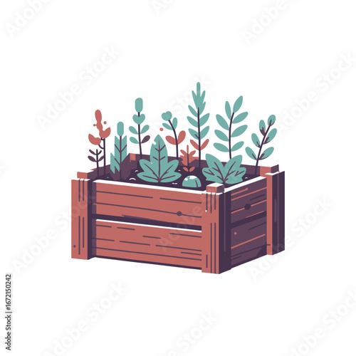 A vibrant wooden planter filled with various green plants and herbs, set against a simple backdrop