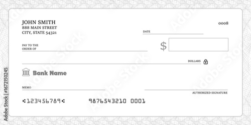 Money check blank template. Blank bank checkbook cheque - generic vector design.
