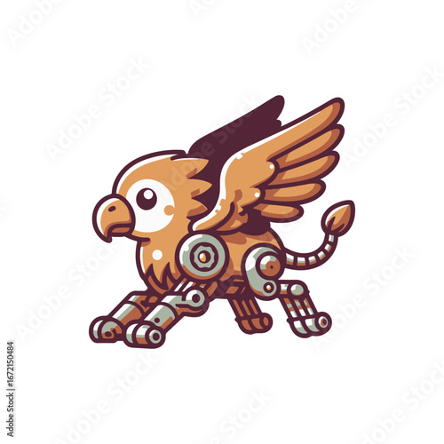 A whimsical robotic griffin character with mechanical limbs, set against a minimalist background
