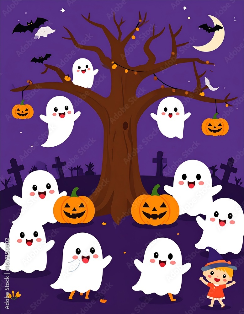 Fototapeta premium Cute ghosts under a spooky tree at night