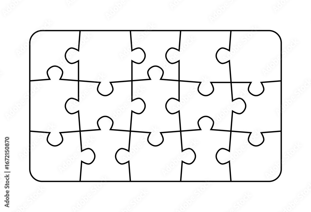 Fototapeta premium Jigsaw puzzle pieces blank template. Cutting lines simple grid design for kids jigsaw rectangle puzzle - 15 pieces.