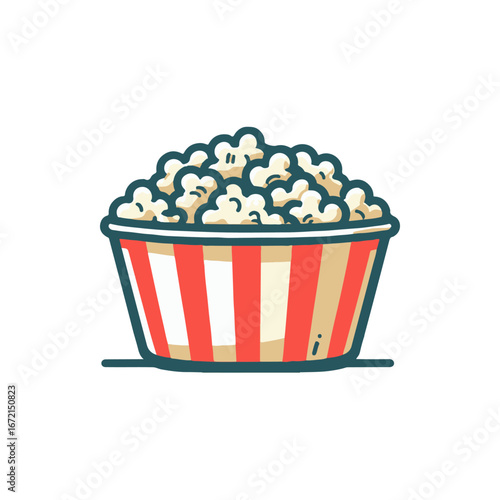 A vibrant striped bowl filled with fluffy popcorn, perfect for movie nights or gatherings