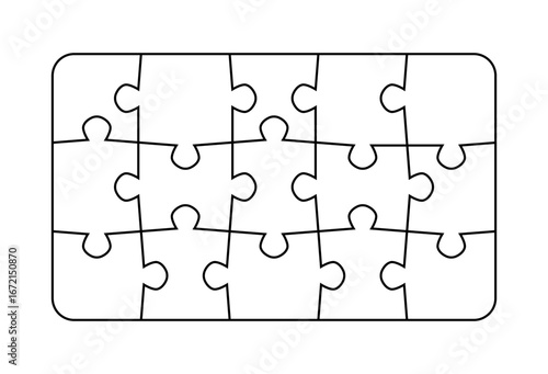 Jigsaw puzzle pieces blank template. Cutting lines simple grid design for kids jigsaw rectangle puzzle - 15 pieces.