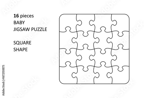Jigsaw puzzle blank template. Cutting lines grid design for baby jigsaw square puzzle - 16 pieces.