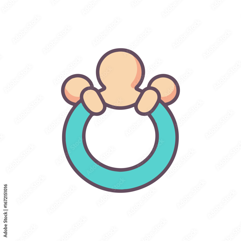 Obraz premium Cartoonish illustration of a baby holding a colorful teething ring, symbolizing early childhood development