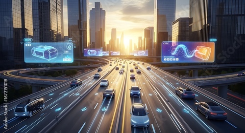 Fototapeta Naklejka Na Ścianę i Meble -  Futuristic city highway with autonomous cars and digital displays