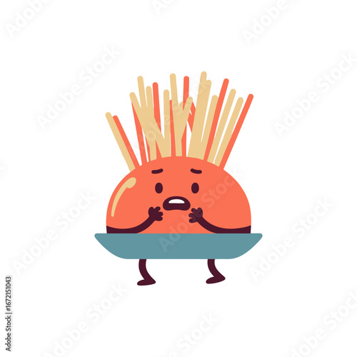 A whimsical character resembling a frightened meatball topped with spaghetti, set against a simple white background, ideal for playful food illustrations