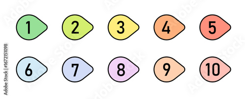 Bullet point numbers design element set. Colorful list markers collection, number 1 to 10.