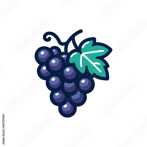 Cluster of ripe purple grapes with green leaves, isolated on a white background, ideal for food-related content
