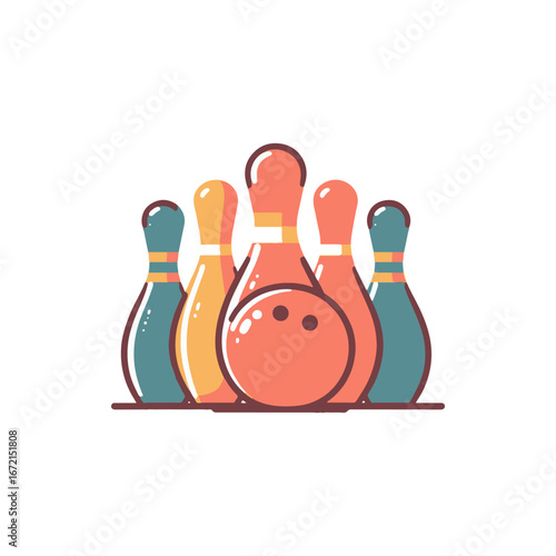 Colorful bowling pins and a ball arranged for a game in a playful, vibrant setting