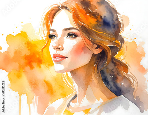 Watercolor portrait of a young woman with auburn hair looking to the side against an abstract orange and yellow background.