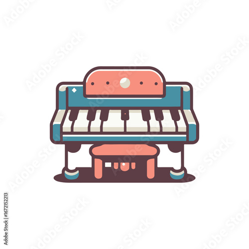 Colorful cartoon piano with matching stool, set against a minimalistic white background