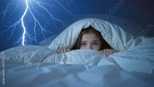 Child hiding under blanket scared of thunderstorm