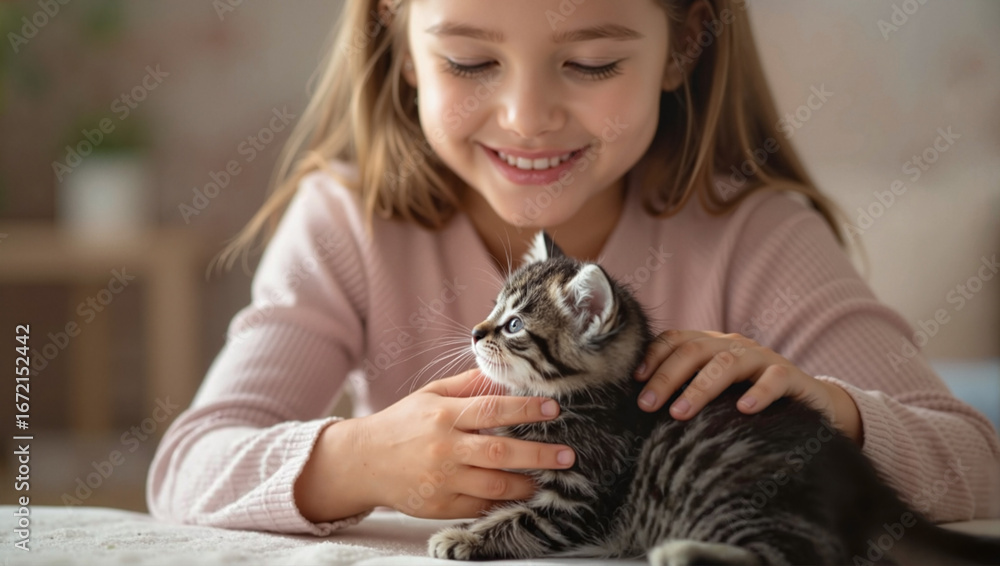 Obraz premium Girl hugging kitten with love