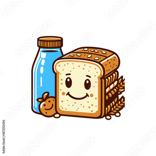 Cartoon illustration of a smiling loaf of bread and a bottle of milk with a fruit, cheerful scene