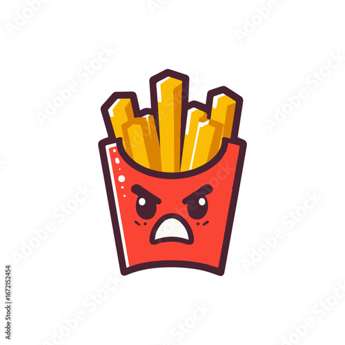 Cartoon illustration of an angry French fries container with a vibrant red design