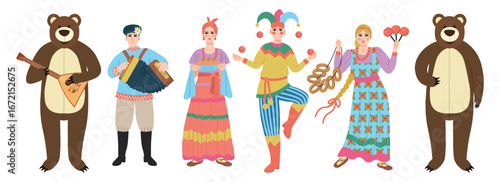 People in Russian costumes at a fair. Russian fair. A man plays the accordion. A woman holds bread on a towel. A jester dances and juggles. A young girl with bagels. A bear plays the balalaika.