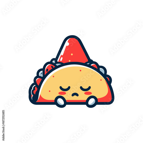 Cartoon taco character with a sad expression, featuring vibrant colors and a playful design