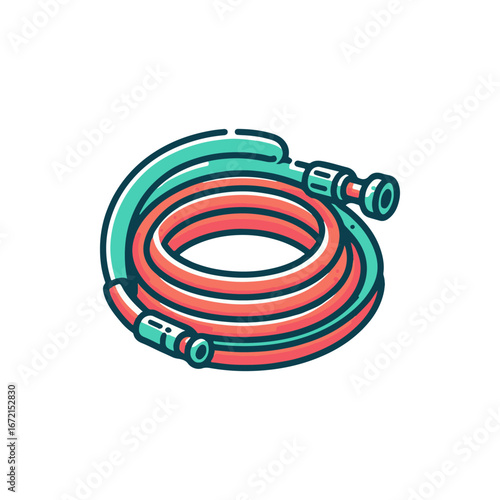 Colorful garden hose coiled neatly, showcasing vibrant colors against a white background