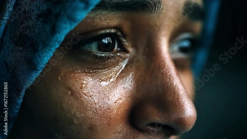 Close-up of crying Muslim woman face in sadness, young female experiencing grief and emotional stress, tears in her eyes