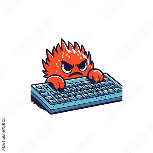 Cartoonish fiery creature angrily typing on a blue keyboard, set against a simple white background