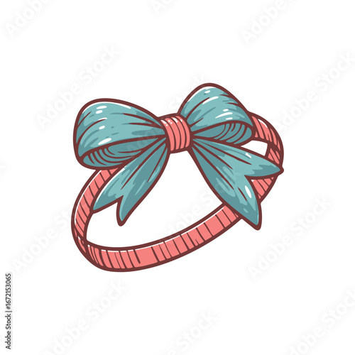 Colorful hand-drawn hair accessory featuring a blue bow on a pink band, ideal for fashion illustrations