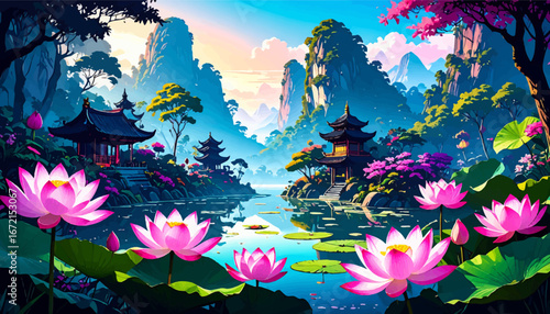 Beautiful lotus flowers in tranquil pond. Peaceful landscape with lotus blooms. Serene water garden with pink lotuses. Majestic lotus flowers in still waters. Colorful lotus pond surrounded by nature