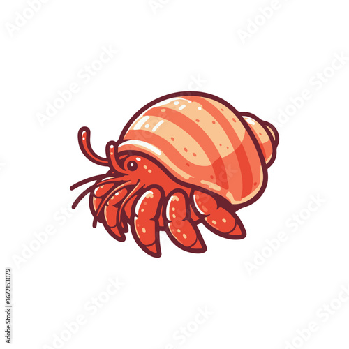 Colorful hermit crab in a striped shell, exploring a sandy beach with ocean waves in the background