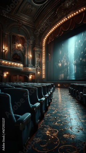 Elegant vintage theater with ornate architecture and illuminated stage ready for a performance in the evening