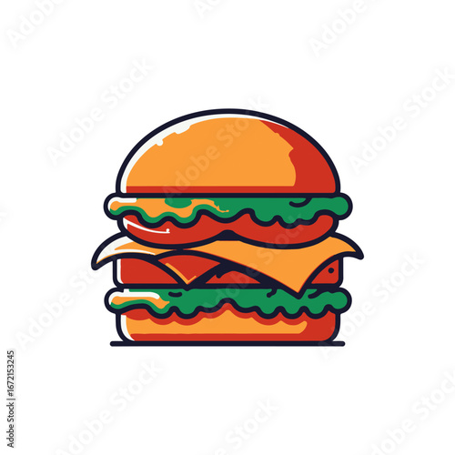 Colorful illustration of a double cheeseburger with lettuce and cheese, isolated on white