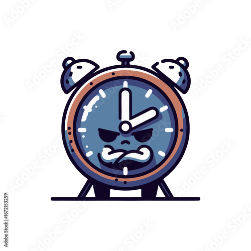 Cartoon-style angry alarm clock with a frowning face, emphasizing urgency and frustration in a simple design