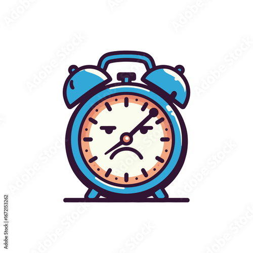 Cartoon-style alarm clock with a frustrated expression, set against a simple background