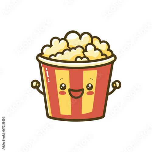 Cartoon-style bucket of popcorn with a happy face, set against a simple white background