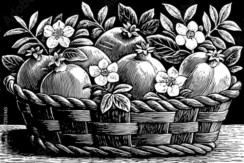 basket filled with pomegranates decorated with flowers and leaves, festive organic still life, artistic black and white sketch