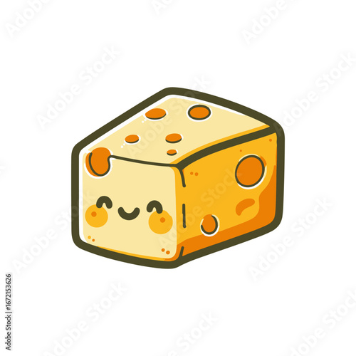 Cartoon-style illustration of a smiling cheese block with holes, set against a simple white background