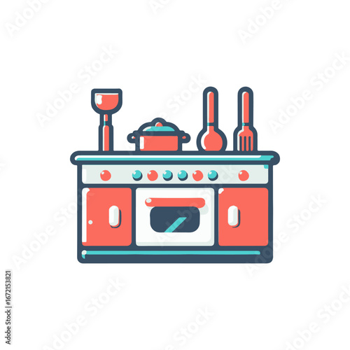 Colorful kitchen scene with cooking utensils and a pot on a stove, vibrant and inviting atmosphere