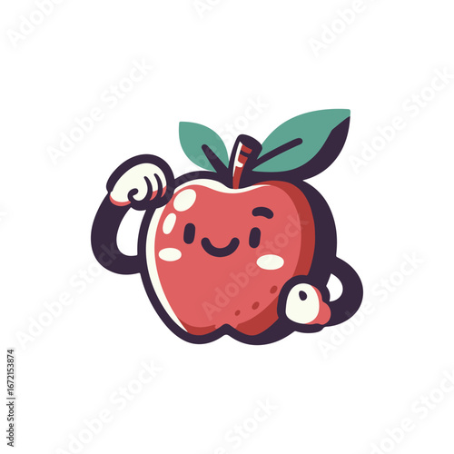 Cheerful cartoon apple character flexing its muscular arms, symbolizing strength and health