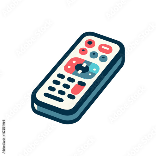 Colorful remote control with various buttons, placed on a clean white background for digital use