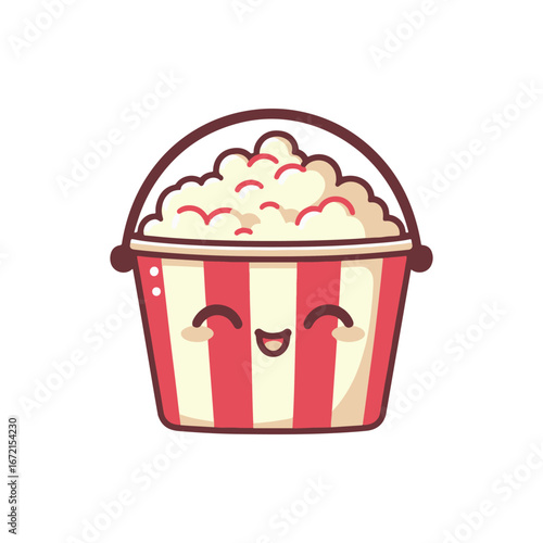 Cheerful cartoon popcorn bucket with a smiling face, ideal for movie night themes and snacks