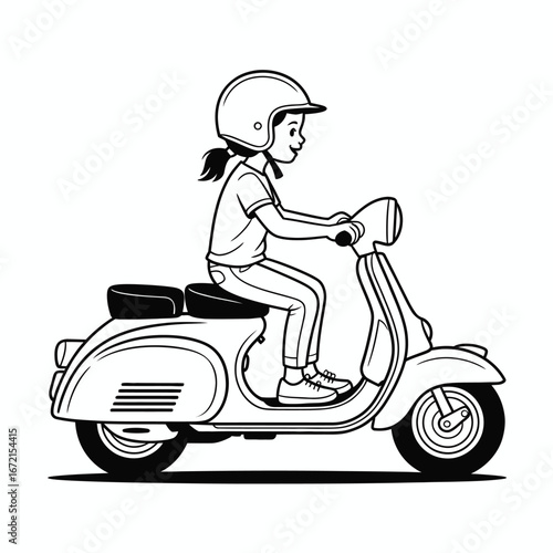 Girl in helmet riding a classic scooter