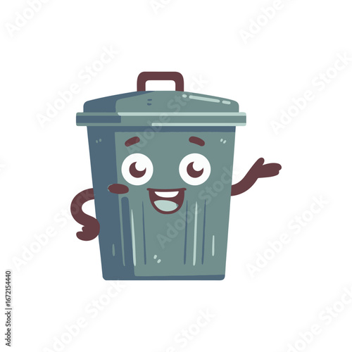 Cheerful cartoon trash can character with arms and a smile, promoting waste disposal awareness