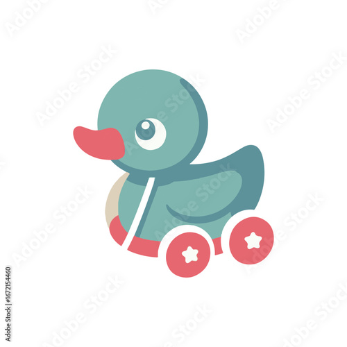 Colorful toy duck on wheels rolling across a white background, ideal for children's playtime imagery