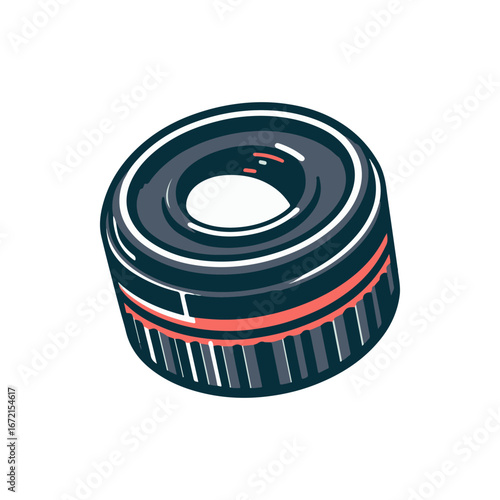 Close-up illustration of a camera lens cap on a white background, highlighting its design and texture