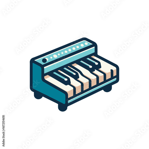 Colorful vintage keyboard with white keys, set against a minimalist backdrop, ideal for music themes
