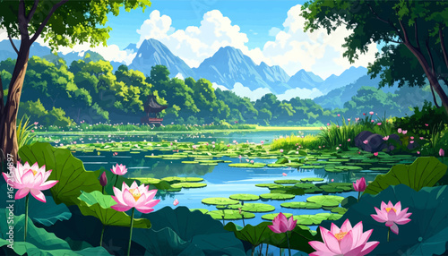 Bright nature view with lotus flowers. Vibrant lotus pond in a beautiful forest. Peaceful landscape with blooming lilies. Serene water lilies in sunny forest. Lush green pond with lotus flowers