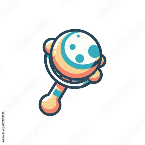 Colorful cartoon baby rattle with celestial design, set against a minimalist white background