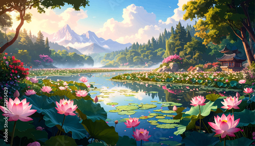 Beautiful Lotus Pond with Mountain. Lotus Garden at Sunrise with Nature Beauty. Water Lily Pond at Golden Hour. Idyllic Lotus Pond with Peaceful Mountains. Calm Nature Scene with Pink Lotus Flowers